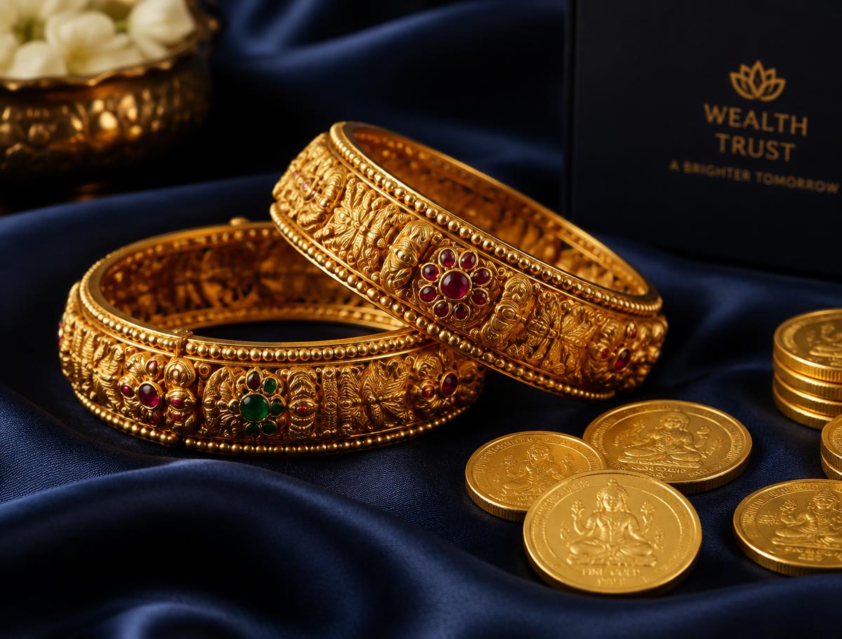 Gold bangles and coins on navy silk