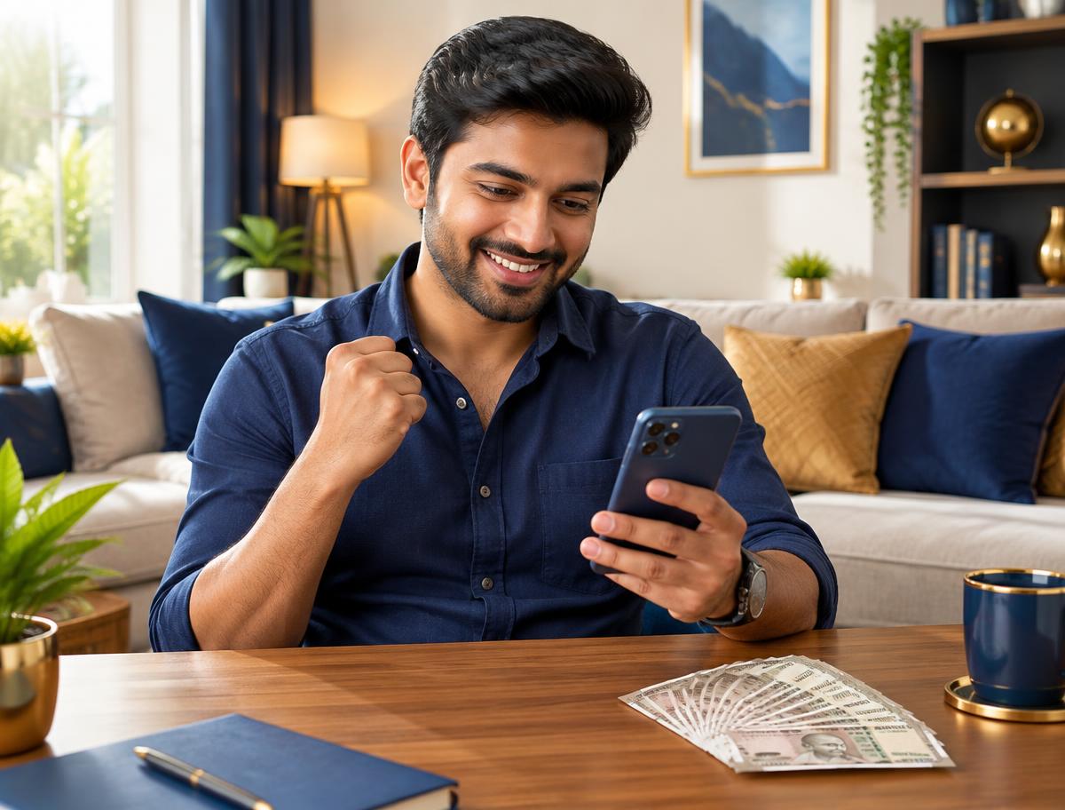 Man celebrating an approved personal loan on his phone